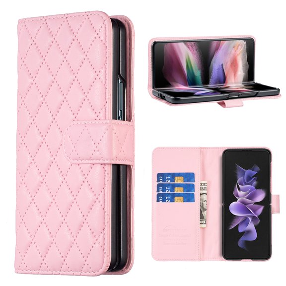K-Lion for Samsung Galaxy Z Fold 5 5G 2023 Wallet Case, Premium Luxury Elegant Argyle Pattern Leather Flip Case Card Holder Slots Phone Cover for Women Girls for Samsung Z Fold 5,Pink
