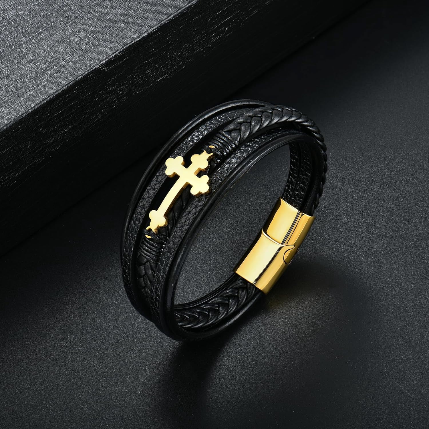 Mens Leather Cross Bracelet Multi-Layer Braided Faith Bracelet Religious Wristband Father's Day Birthday Jewelry Gifts for Men 8.5" Stainless Steel Buckle Bangle