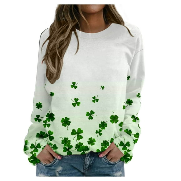 QIPOPIQ Women's Long Sleeve Sweatshirts St. Patrick's Day T Shirts Shamrock T Shirt Green Shirt Tee St Patricks Day Shirts Tunic Round Neck Loose Tops Sweatershirt Holiday Shirts Graphic Tees Deals
