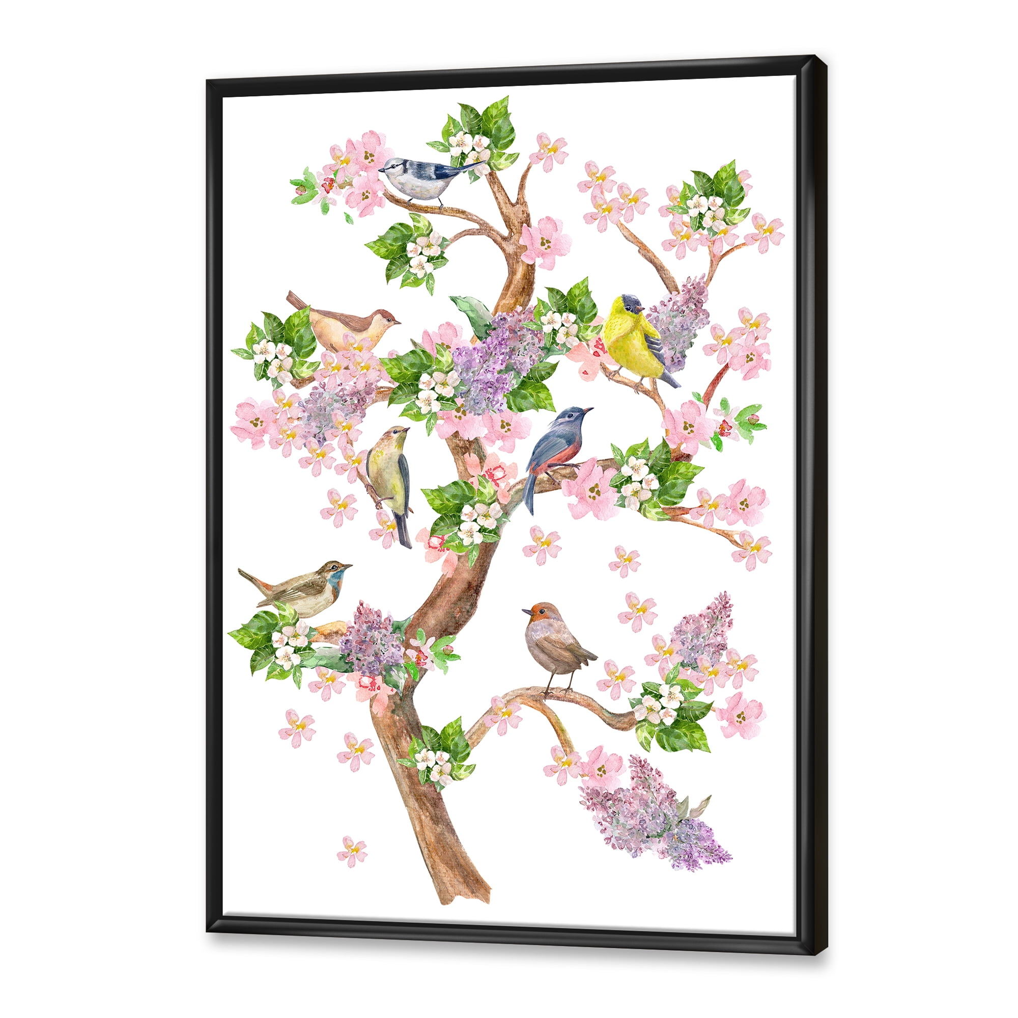 Designart 'Tree With Colorful Birds Sitting On Flowering Branches' Traditional Framed Canvas Wall Art Print