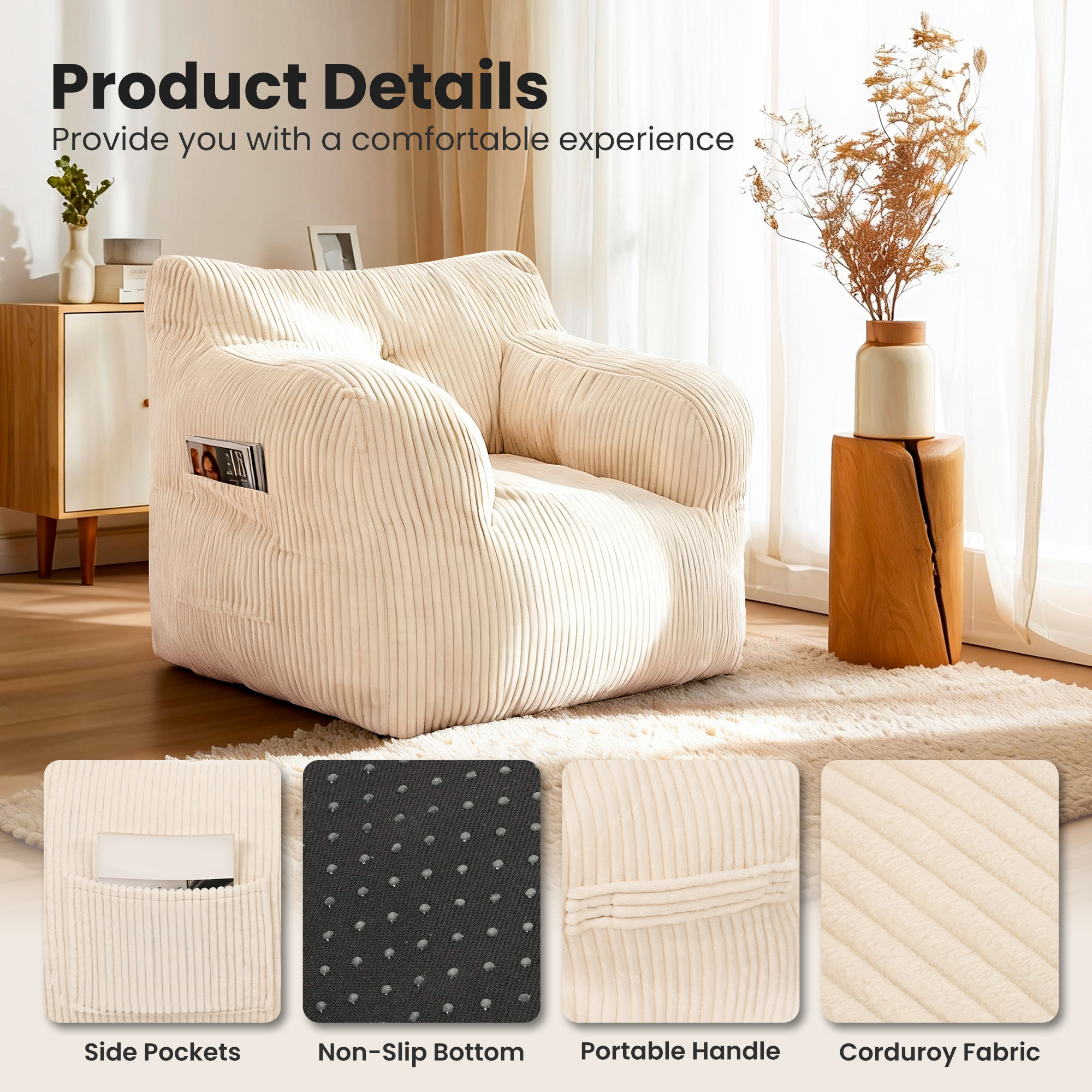 Foam Filled Bean Bag Chair, Plush Corduroy Lazy Sofa