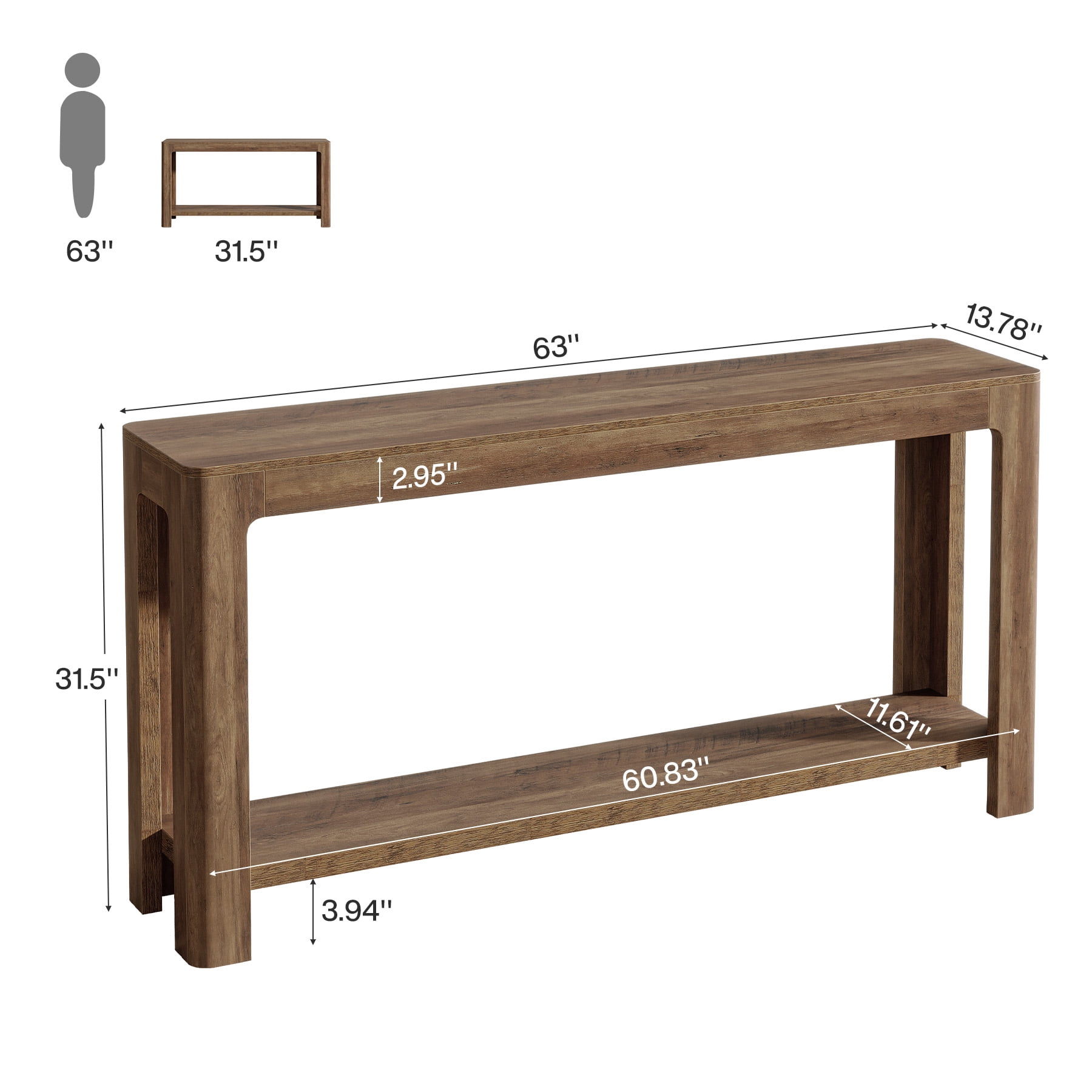 Finmind 63 Inch Rustic 2-Tier Entryway Console Table, Narrow Sofa Table, Accent Furniture for Foyer and Hallway, Rustic Brown