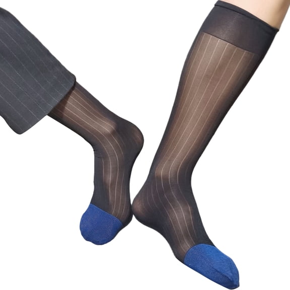 Mens Thin Dress Socks Silk Sheer Formal Business Socks Blue Toe Nylon Middle Calf Socks Striped High Stockings