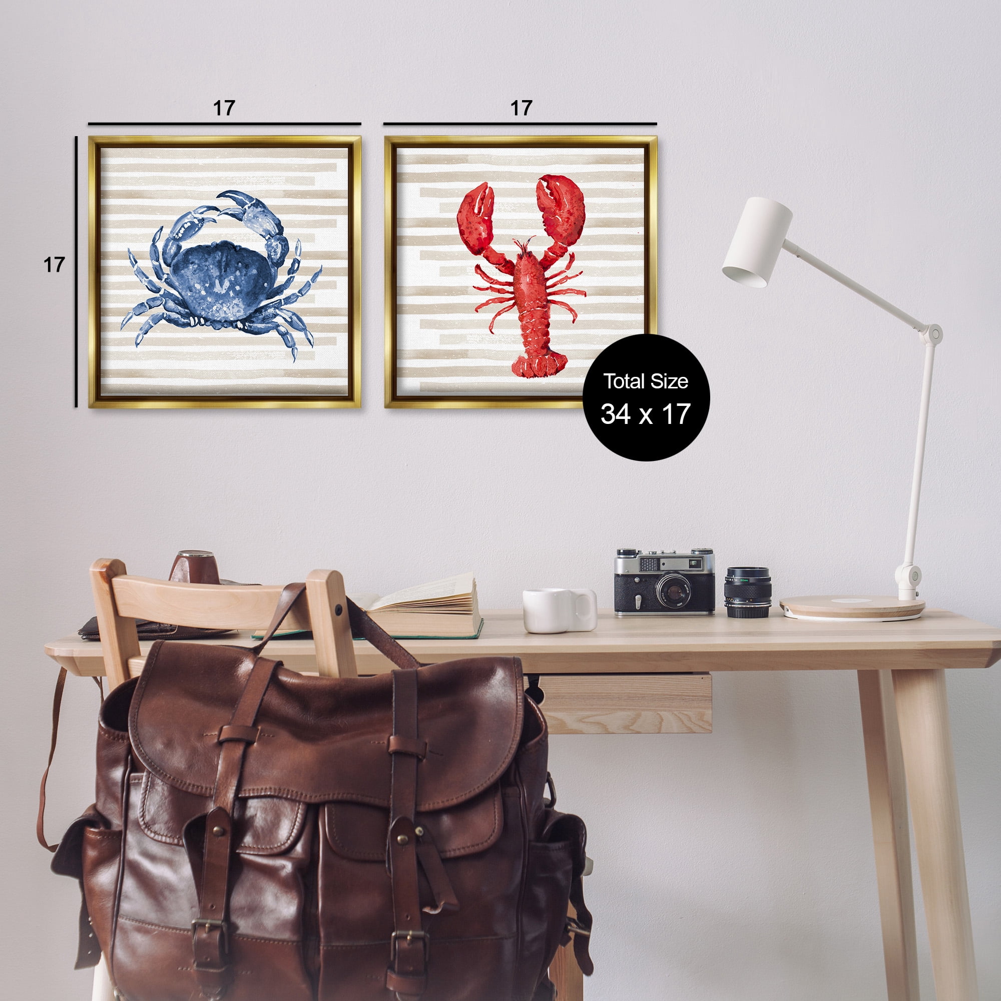 Stupell Industries Nautical Crab & Lobster Beige Stripes Animals & Insects Painting Gold Floater Framed Canvas Art Print Wall Art, 18 x 18, Set of 2