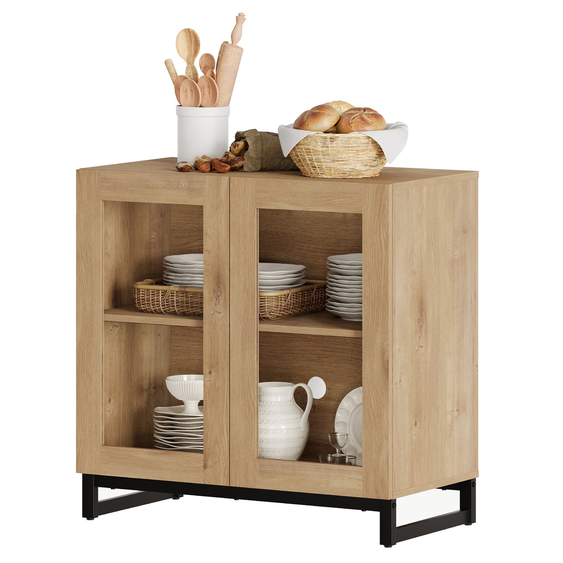 WAMPAT Modern Sideboard Buffet Cabinet with Glass Doors and Adjustable Shelf Coffee Bar Storage Cabinet for Living Room Kitchen,Oak