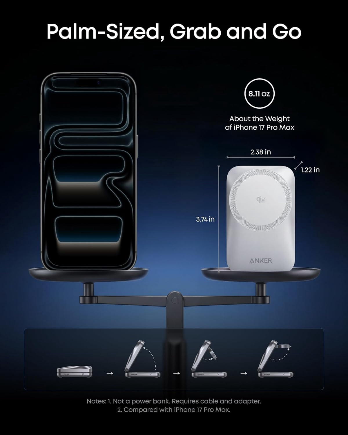 Anker Prime 3-in-1 Charging Station, AirCool Wireless Charger, Qi2 25W Certified Palm-Sized Foldable MagSafe Charger
