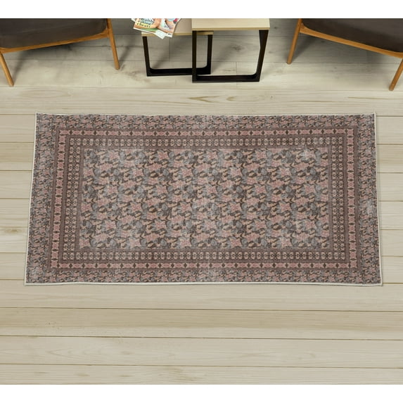 Retro Decorative Rug, Blooming Meadow Flowers and Green Leaves Nature Design Pattern Garden Art, Quality Carpet for Bedroom Dorm and Living Room, 6 Sizes, Warm Taupe, by Ambesonne