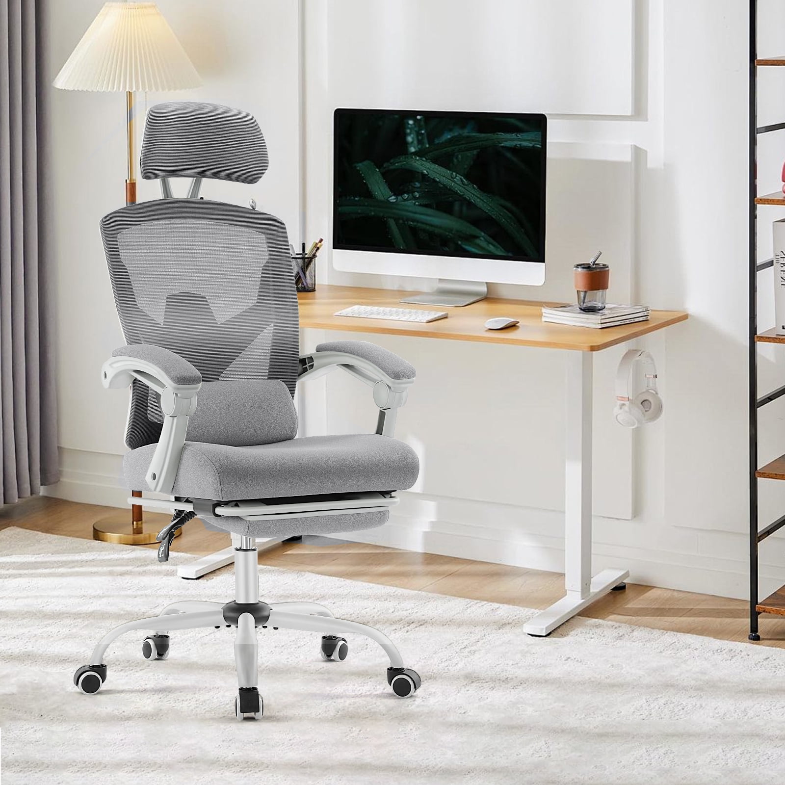 Gianna High-Back Ergonomic Mesh Office Chair with Lumbar Support, Adjustable Headrest, Footrest, and Padded Armrests for Maximum Comfort, Gray