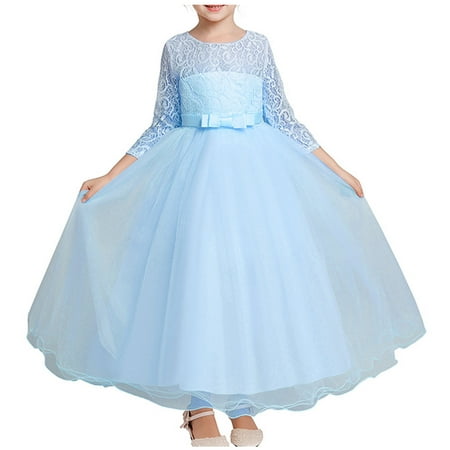 

Little Girl Dresses Long Sleeve Round-Neck Dress Girls Summer New Long Sleeve Ruffled Lace Round-Neck Embroidery Mesh Princess Bow Skirt Blue 4 years