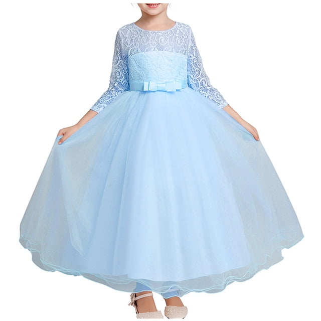 MeetoTime Robe Fille Manches Longues Dentelle Col Rond Broderie Maille Princesse Robes de Soirée 3-12 Ans