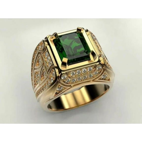ClassicGems 4.00 CT Emerald Cut Lab Created Green Emerald And Diamond 14K Yellow Gold Plated 925 Sterling Silver Men's Ring