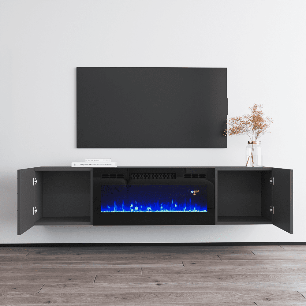 London BL-EF Fireplace TV Stand for TVs up to 70", Modern High Gloss 63" Entertainment Center, Electric Fireplace TV Media Console with Storage Cabinets