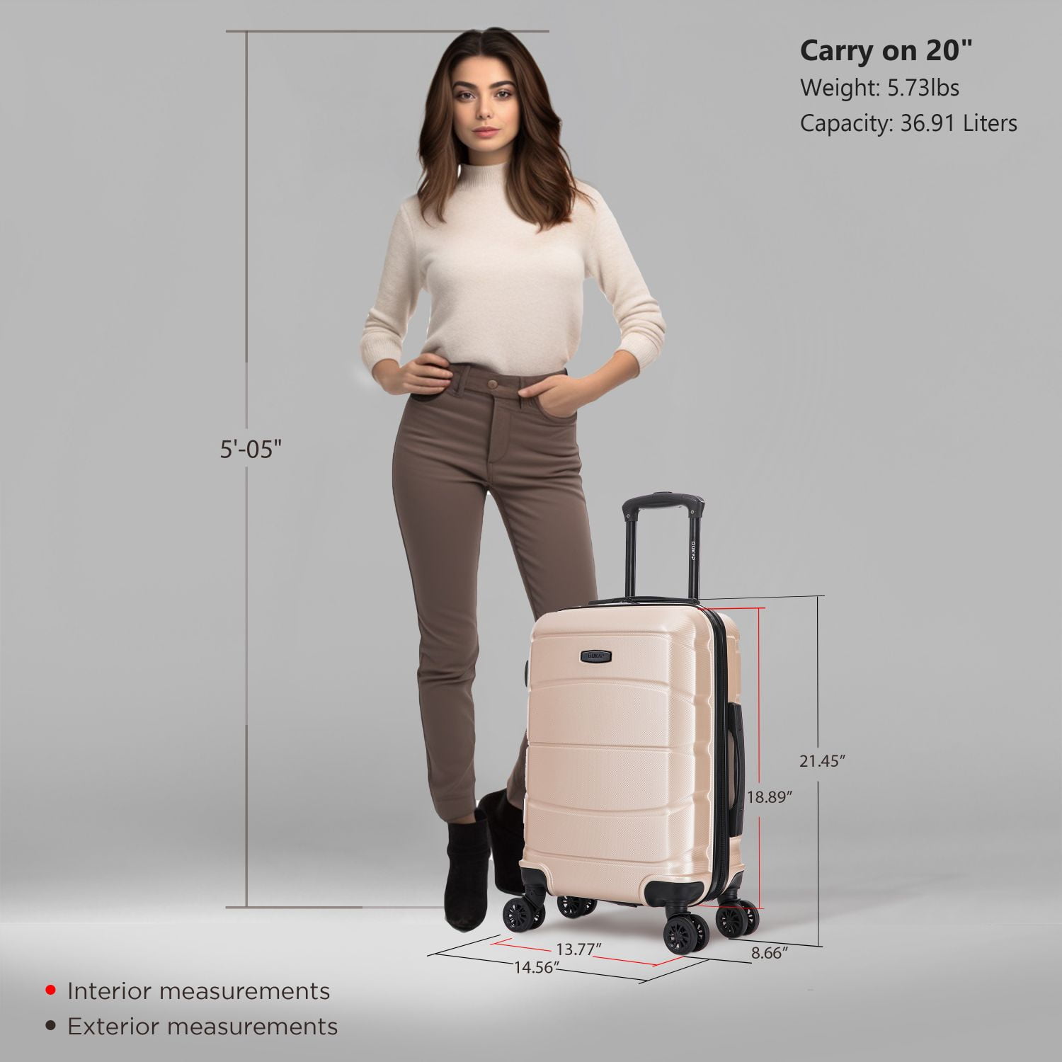 DUKAP SENSE 20" Hardside Lightweight Carry On Luggage with Spinner Wheels, Handle and Trolley, Champagne