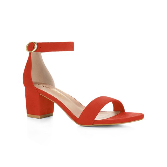 BLISSFUL STEP Women's Shoes Open Toe Mid Block Heel Ankle Strap Faux Suede Sandals Orange 5