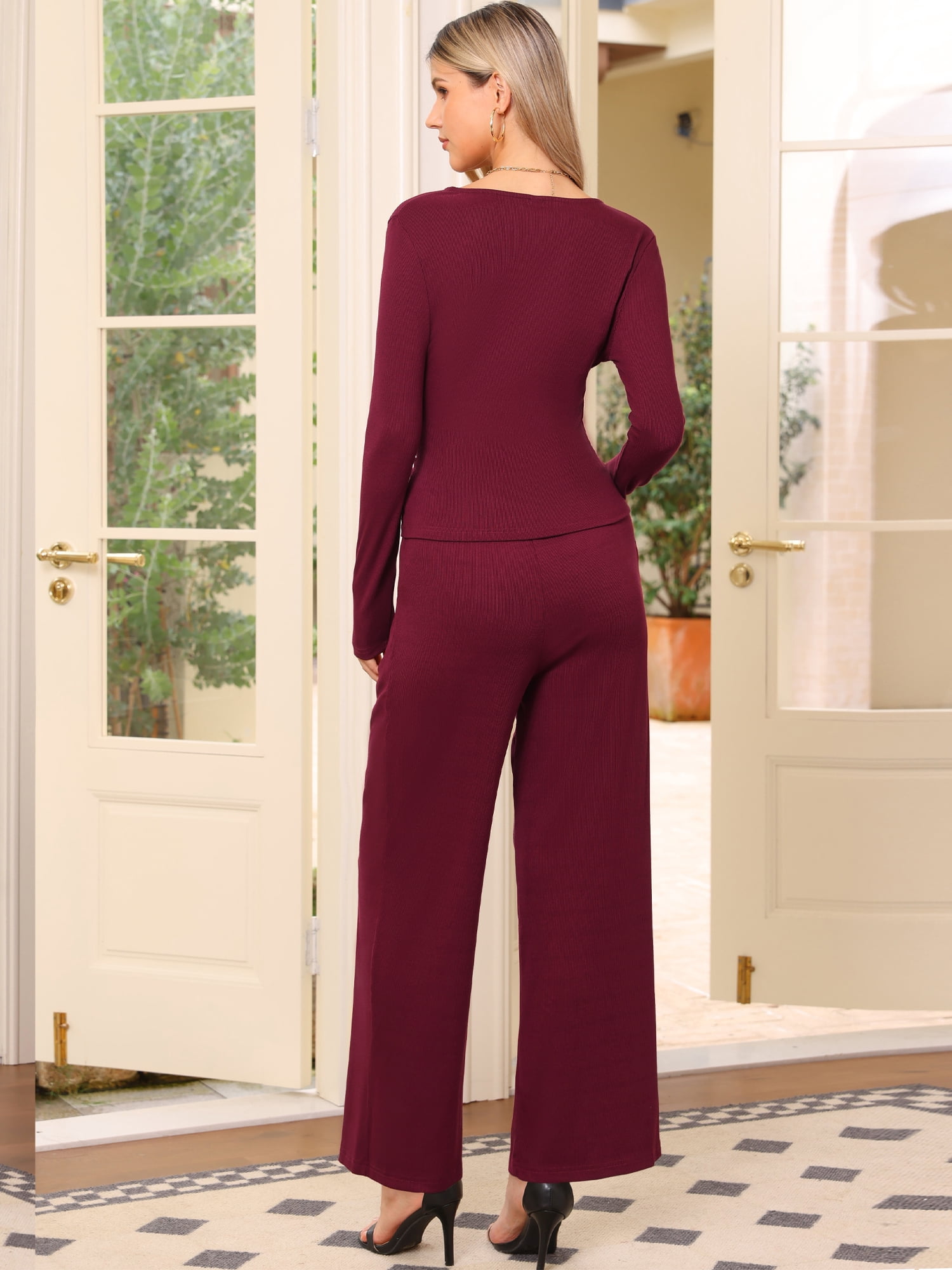 DARING DIVA Women's V Neck Drawstring Long Sleeve Wide Leg Casual Sets XS Burgundy