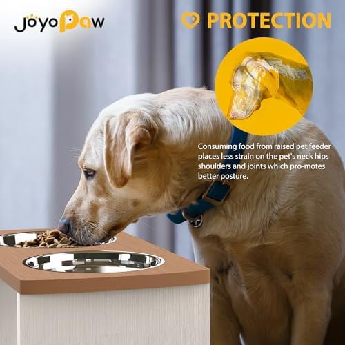 Elevated Dog Bowls, Waterproof Raised Dog Bowl for Medium & Large Dogs, HIPS Poly Lumber Stand with 2 Stainless Steel Bowls, Indoor & Outdoor Use (10'' Tall–48 oz Bowl, Teak-White)
