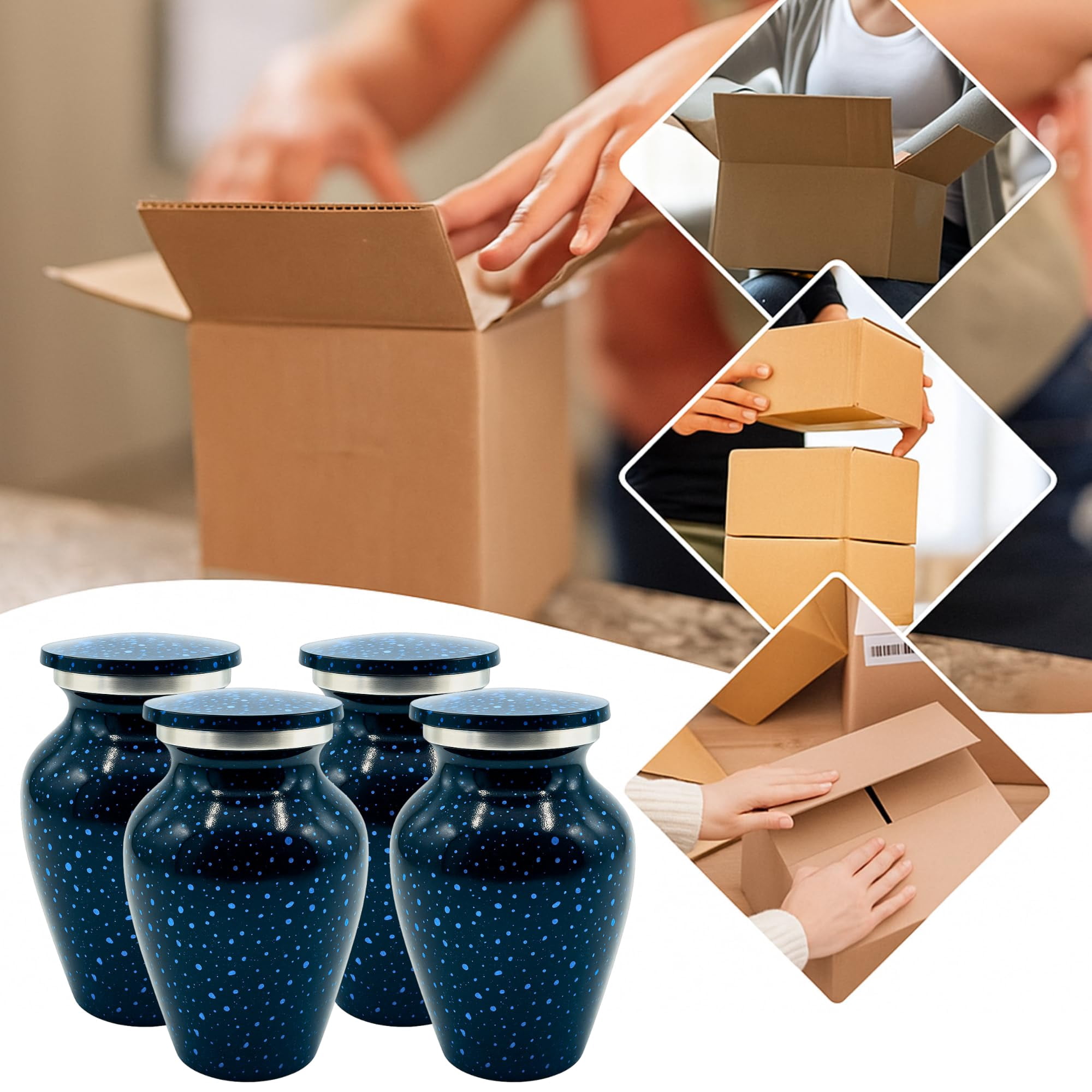 Nova Niche Urns Small Size Cremation Urn for Human Ashes, Mini Keepsake Set of 4 Black and Blue with Velvet Case