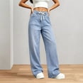 thumbnail image 4 of Women's Denim Wide Leg Pants High Waisted Drawstring Loose Fit with Pockets Casual Jeans, 4 of 5