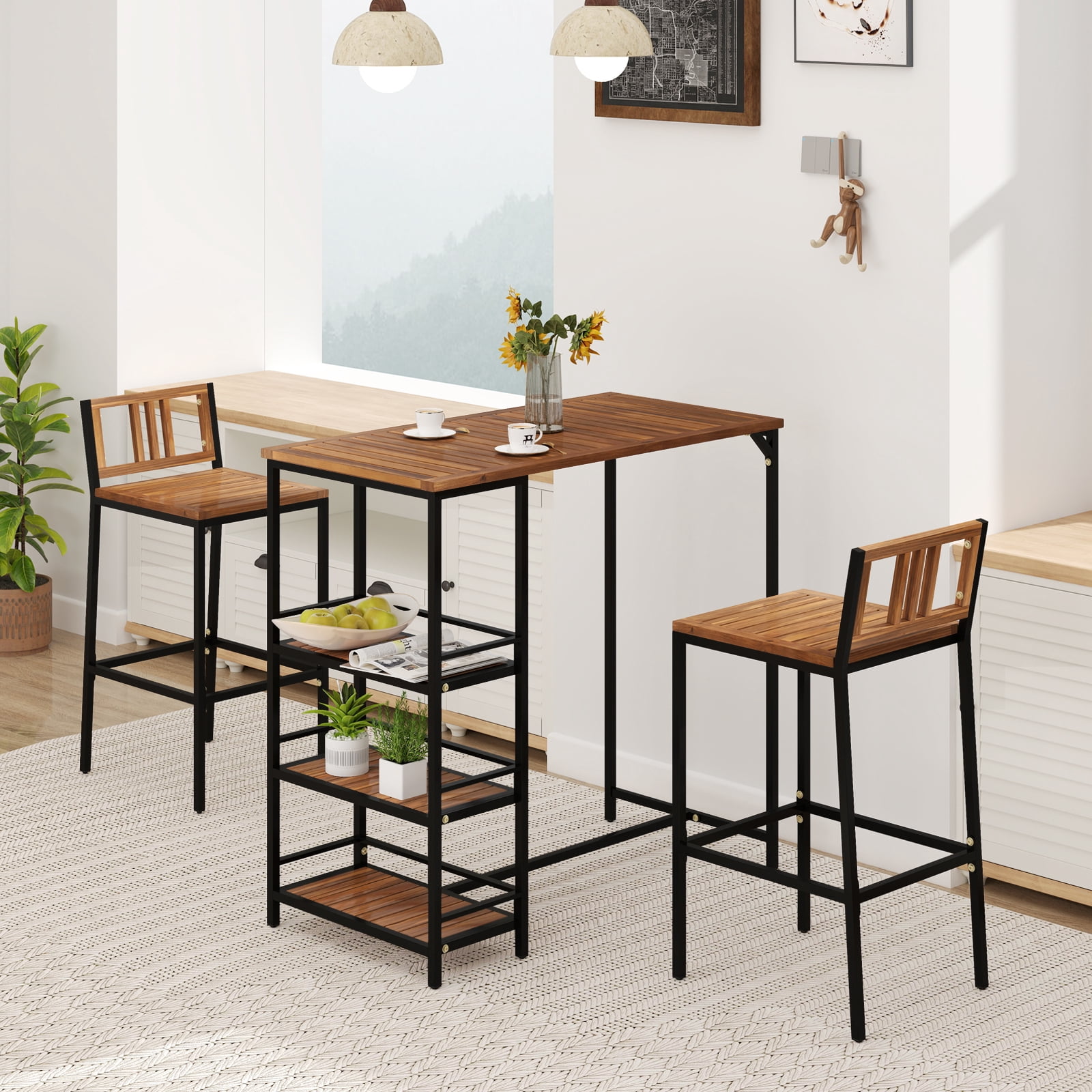 Gymax 3 Pieces Outdoor Wood Bar Set w/ 3-Tier Storage Shelf & Metal Frame for Backyard