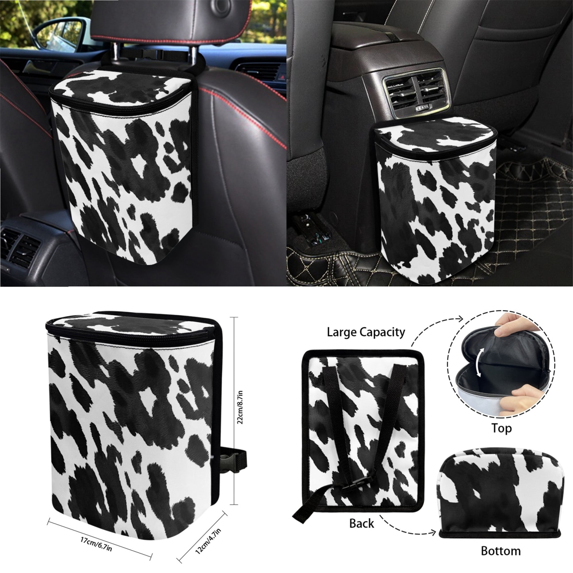 Yuyamidu Cow Print Car Seat Cover for SUV Truck Sedan Steering Wheel Cover Seat Belt Strap Pad Trash Bag Hanging Air Vent Storage Bag Rearview Mirror Accessory Cup Holder Key Chain 15 Pieces