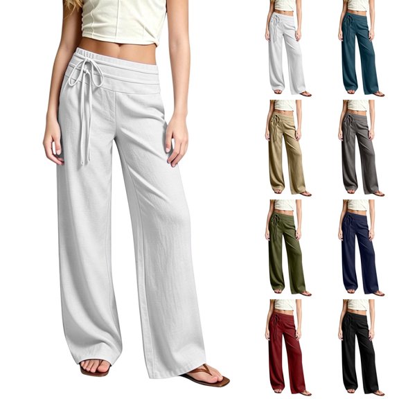 Shadoumai Linen Wide Leg Pants Lightweight Drawstring Elastic Waist Loose Summer Beach Vacation Pockets Girls 4-13 Years