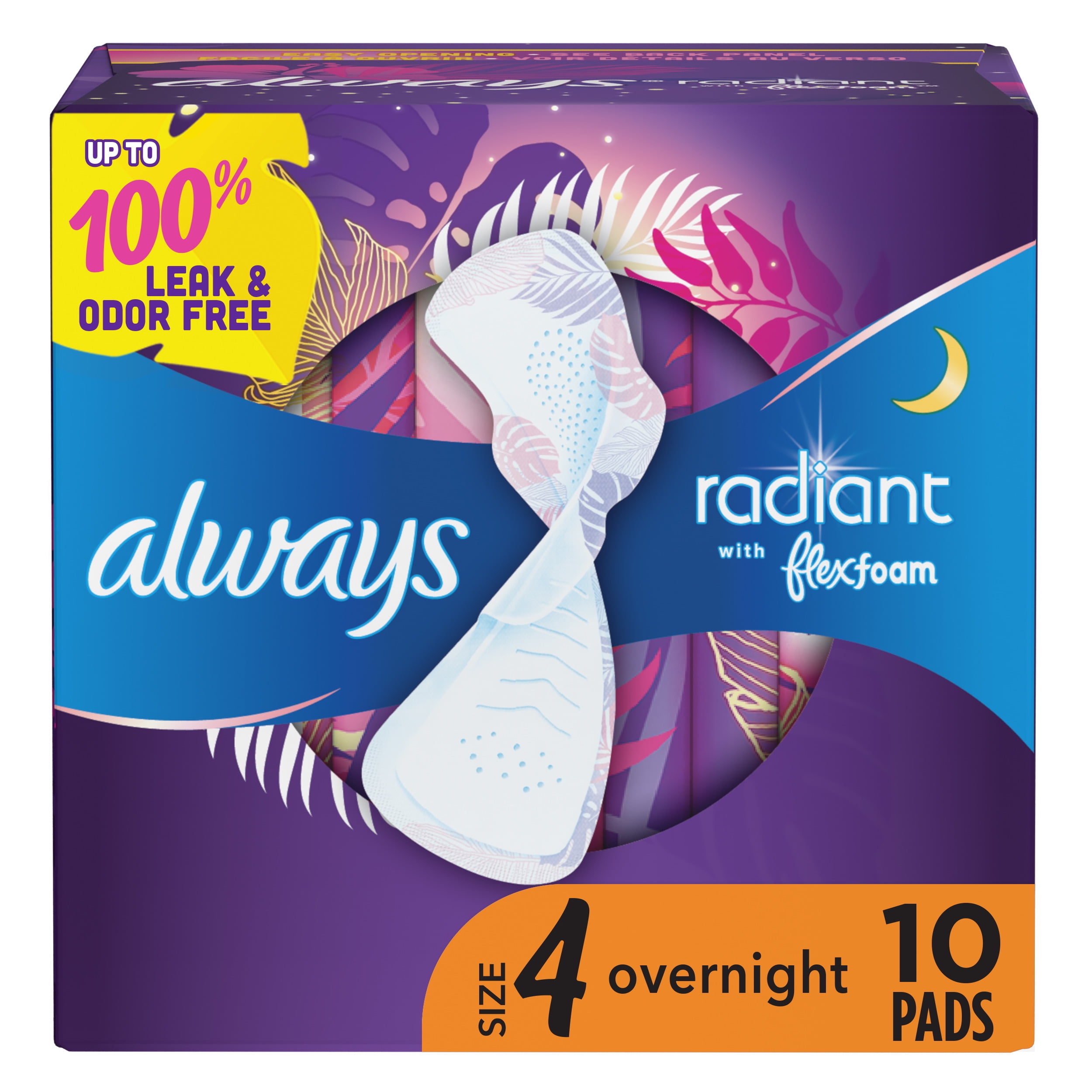 Always Radiant Overnight Pads, Winged, Scented, Size 4, 10 Ct