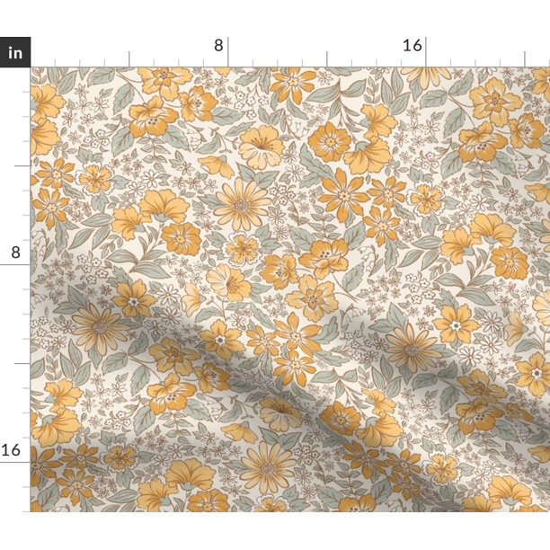 Denim Fabric by the Yard Vintage Neutral Pastel Floral Wildflowers