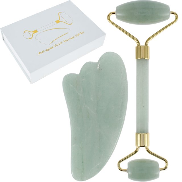 Jade Roller Gua Sha Stone Set Natural Rose Quartz Gua Sha Set Skin Tightening Face Roller Face Eyes Neck Body Skin Masajeador Gua Sha Herramientas Faciales Para Aliviar La Hinchaz贸n L铆neas Finas