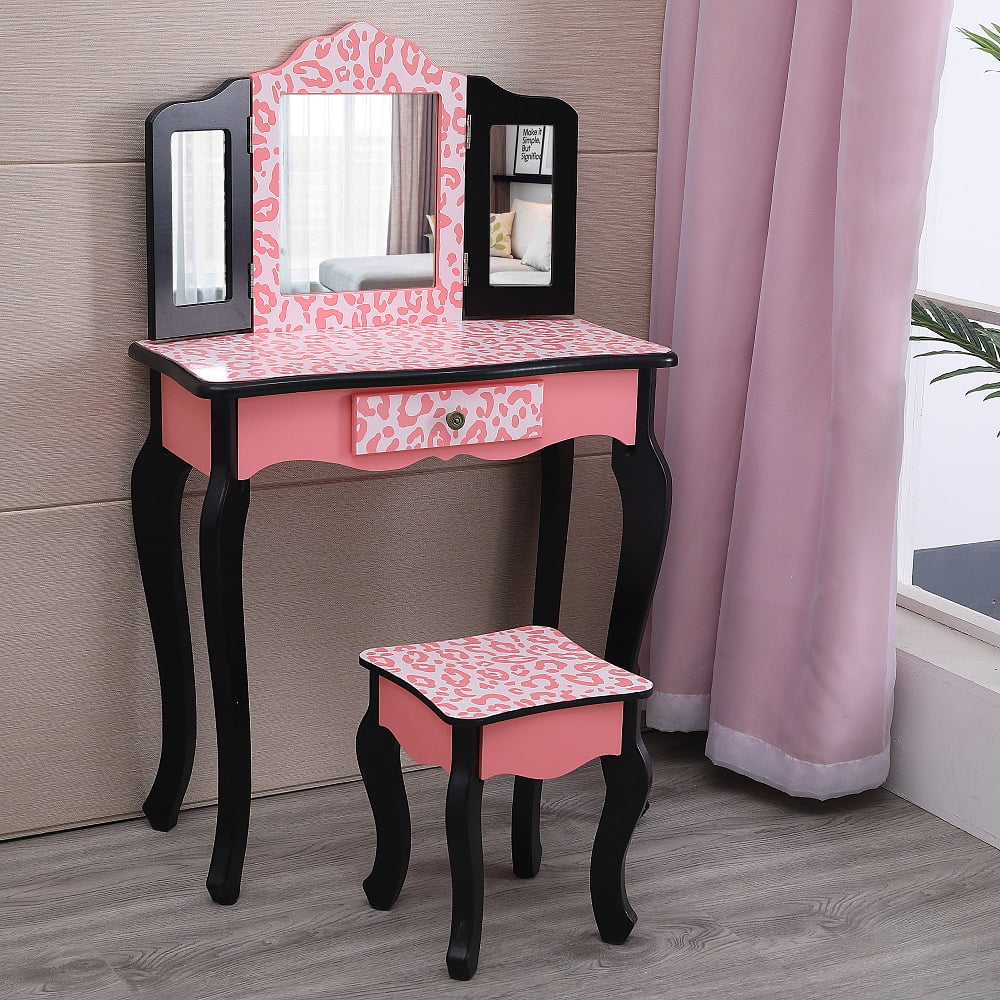 Ktaxon Kids Vanity Table and Stool Set with 3 Mirrors, Pretend Play