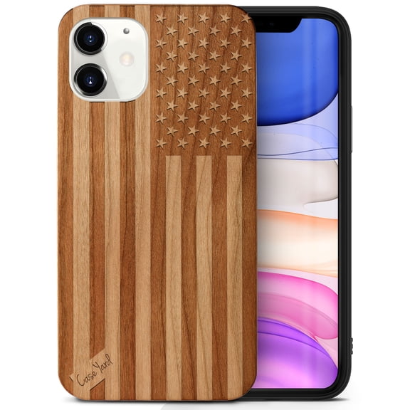 Case Yard Wooden Case Outside Soft TPU Silicone, Slim Fit Shockproof Wood Protective Phone Cover for Girls Boys Men and Women, Supports Wireless Charging American Flag Design case for iPhone-12-Mini