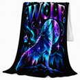 thumbnail image 2 of Mystical Wolf Galaxy Art, Peaceful Mountain Lake Scene, Warm Flannel Blanket for Cabin and Lodge with Detailed Artwork, Outdoor Lovers Christmas Gift, Festive Home Decor, 2 of 9