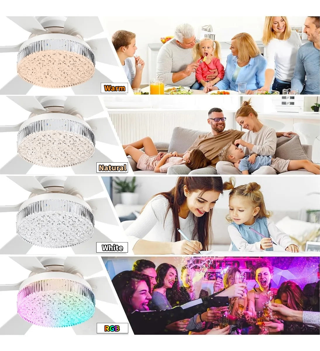 DnxnIaIfy Ceiling Fans with Light, Socket Screw with Remote Control 20.5”ABS Modern Crystal Fan Light, Multi-Color RGB Adjustable Brightness & Color Temperature with Emergency Stop Memory Timer,White