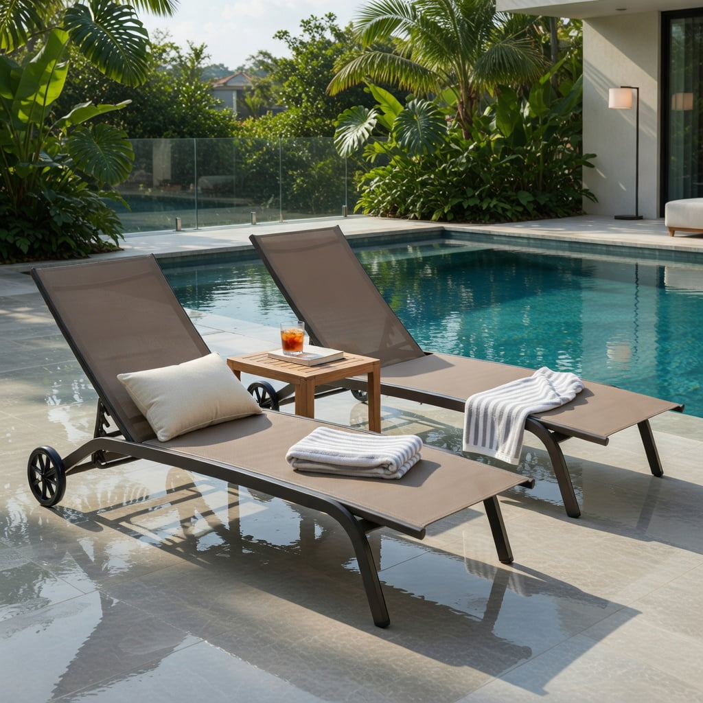 Hommoo 6-Position Adjustable Outdoor Chaise Lounge Chair with Smooth-Rolling Wheels, for Patio, Poolside & Backyard, Brown