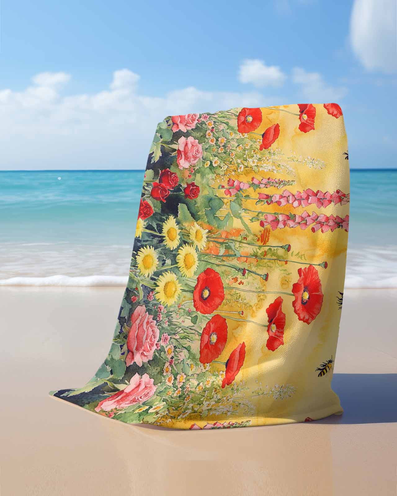 Poppy Botanical Beach Towels Oversized Super Absorbent, Vintage Floral Yellow Ombre Lightweight Bath Towel Quick Dry Sets For Bathroom/Pool/Rv Camping/Beach Play/Gym Room/Picnic 23"x47"
