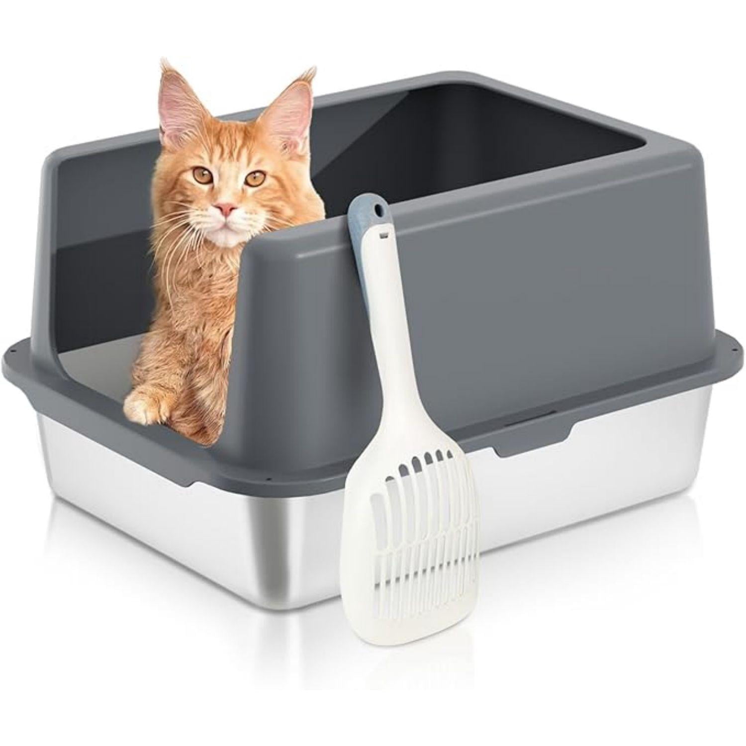 Stainless Steel cat Litter Box, Covered Metal Litter Box, cat Litter Pans with high Sides, Kitty Litter Boxes for Indoor Cats (Non Sticky, Easy to Clean, Anti-Urine Leakage) 17.5" L x 13.5" W x 4" H