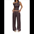 thumbnail image 2 of Conjuntos de Dos Piezas para Mujer, Top Corto Informal de un Solo Hombro, Pantalones Anchos y Conjuntos Y2K A Juego. Marrón M, 2 of 7