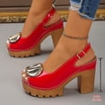 thumbnail image 6 of Red Platform Sandals for Women Chunky Heel Slingback Ankle Strap Open Toe Block Heels Dressy Faux Faux Leather Gold Buckle,Size 37, 6 of 9