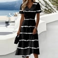 thumbnail image 2 of Women’s Short Sleeve V Neck Striped Midi Dress with Elastic Waist Casual Fit and Flare A Line Skirt for Everyday Wear Black L, 2 of 5