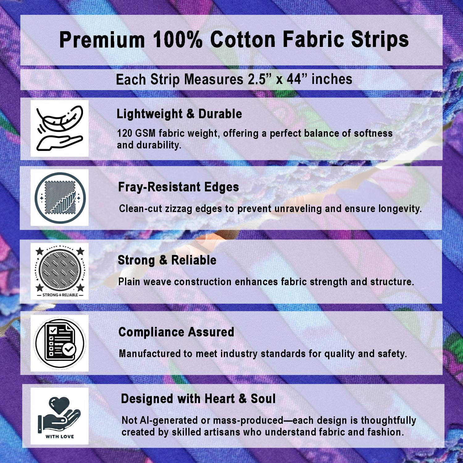 Soimoi Jelly Roll 40 Strip Assorted Bundle, Fabric Strips for Quilting, Crafting, 100% Cotton Fabric Jelly Roll Bundle For Scrapbooking, Precut Quilt Projects, DIY Crafts- Blue Violet Harmony