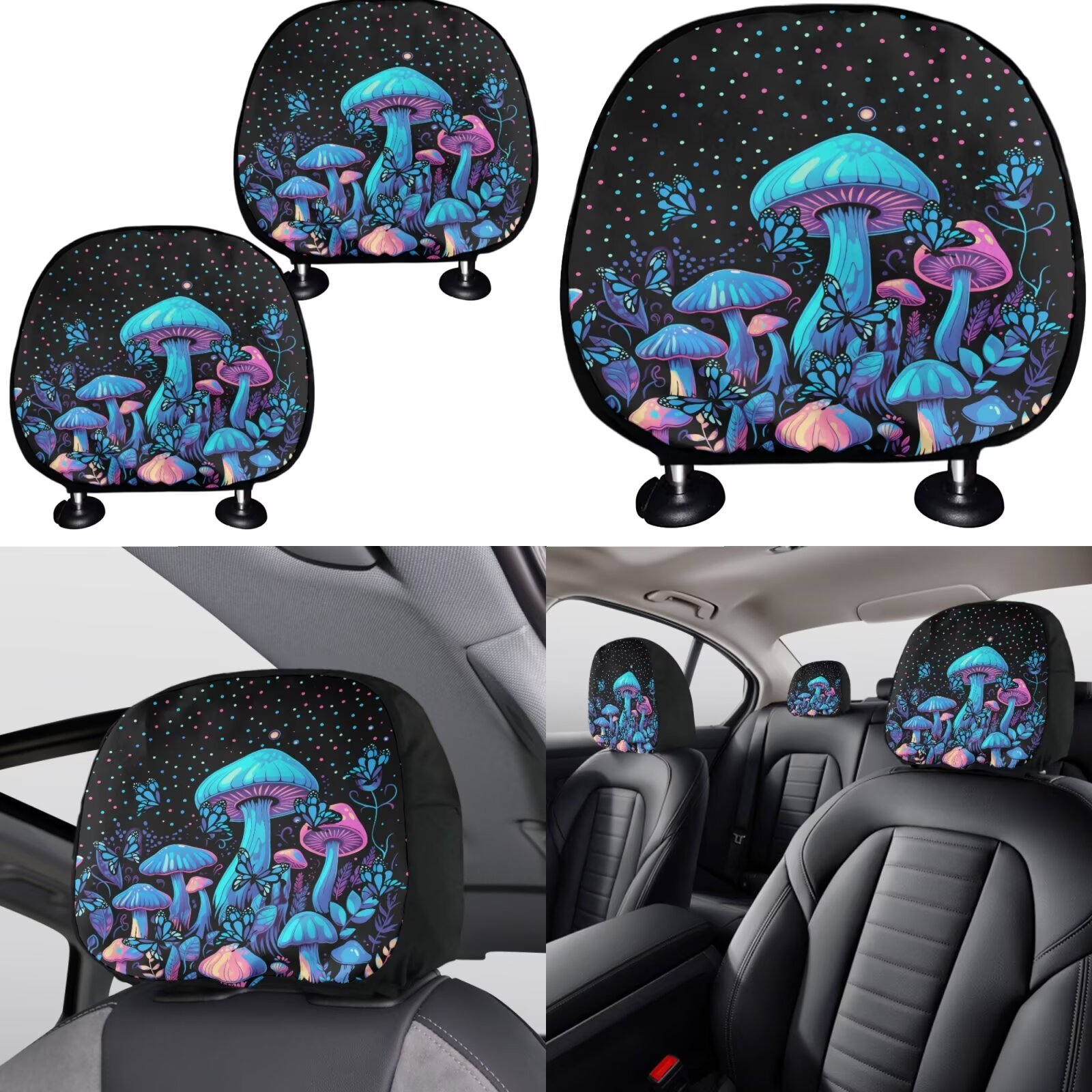 Garronmavis Blue Mushroom Car Seat Covers Full Set Breathable Auto Interior Protector with Cars Headrest Protectors+Wristlet Keychain+Auto Cup Coaster+Handbrake Gear+Shift Knob Cover