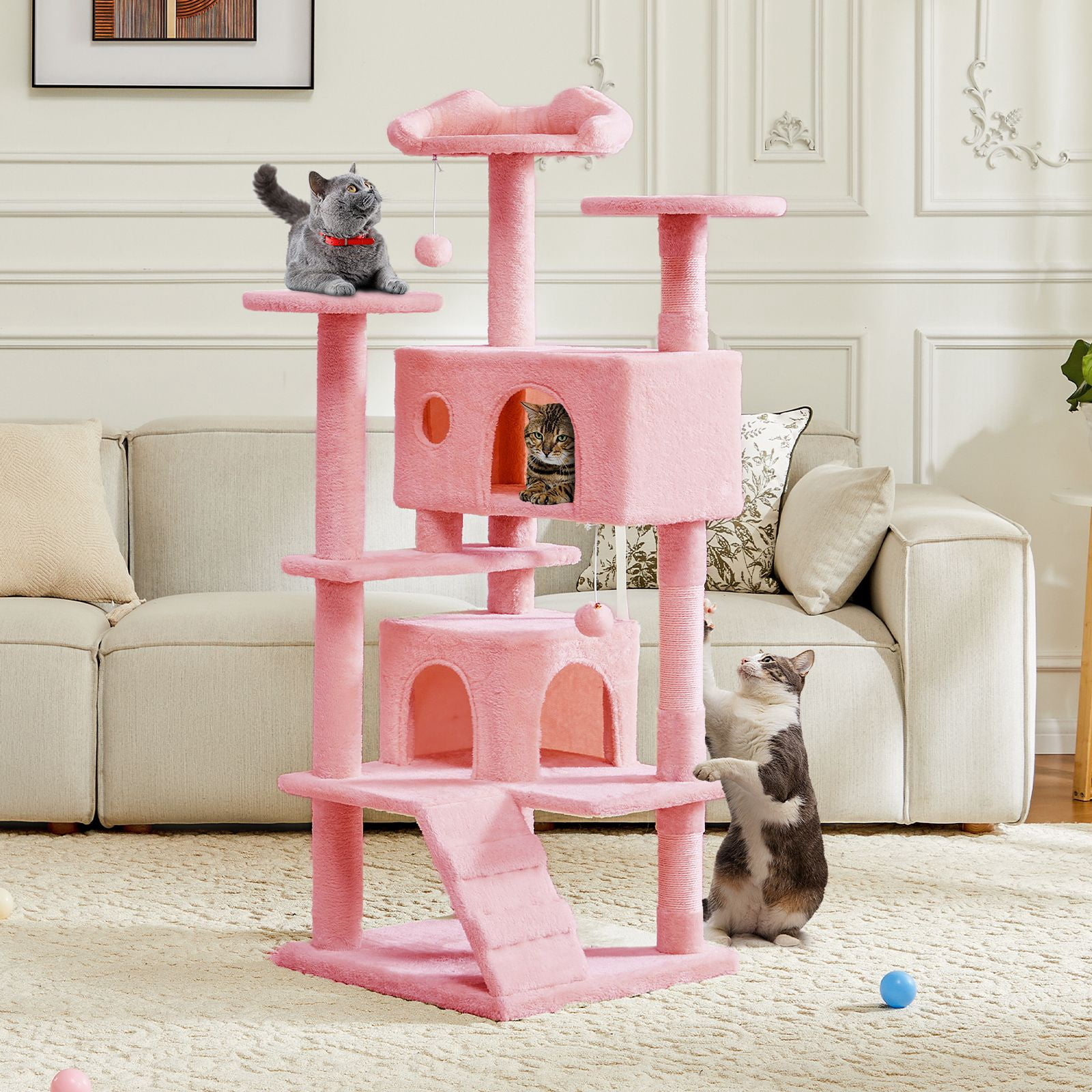 GIANNA 54" Indoor Cat Tree Tower with Multiple Levels, Sisal Scratching Post, Spacious Condo, Climbing Ramp, Kitten Toy, Pink