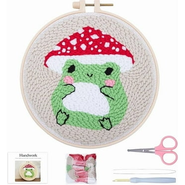 VOCHIC Beginners Punch Needle kit,Embroidery Starter Kits for Adults,Rug Tool Kit,Cross Stitch Kit Including Handle Embroidery Pen,Cloth,Hoop,Threads and Instruction-Mushroom Frog Pattern