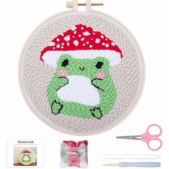 VOCHIC Beginners Punch Needle kit,Embroidery Starter Kits for Adults,Rug Tool Kit,Cross Stitch Kit Including Handle Embroidery Pen,Cloth,Hoop,Threads and Instruction-Mushroom Frog Pattern