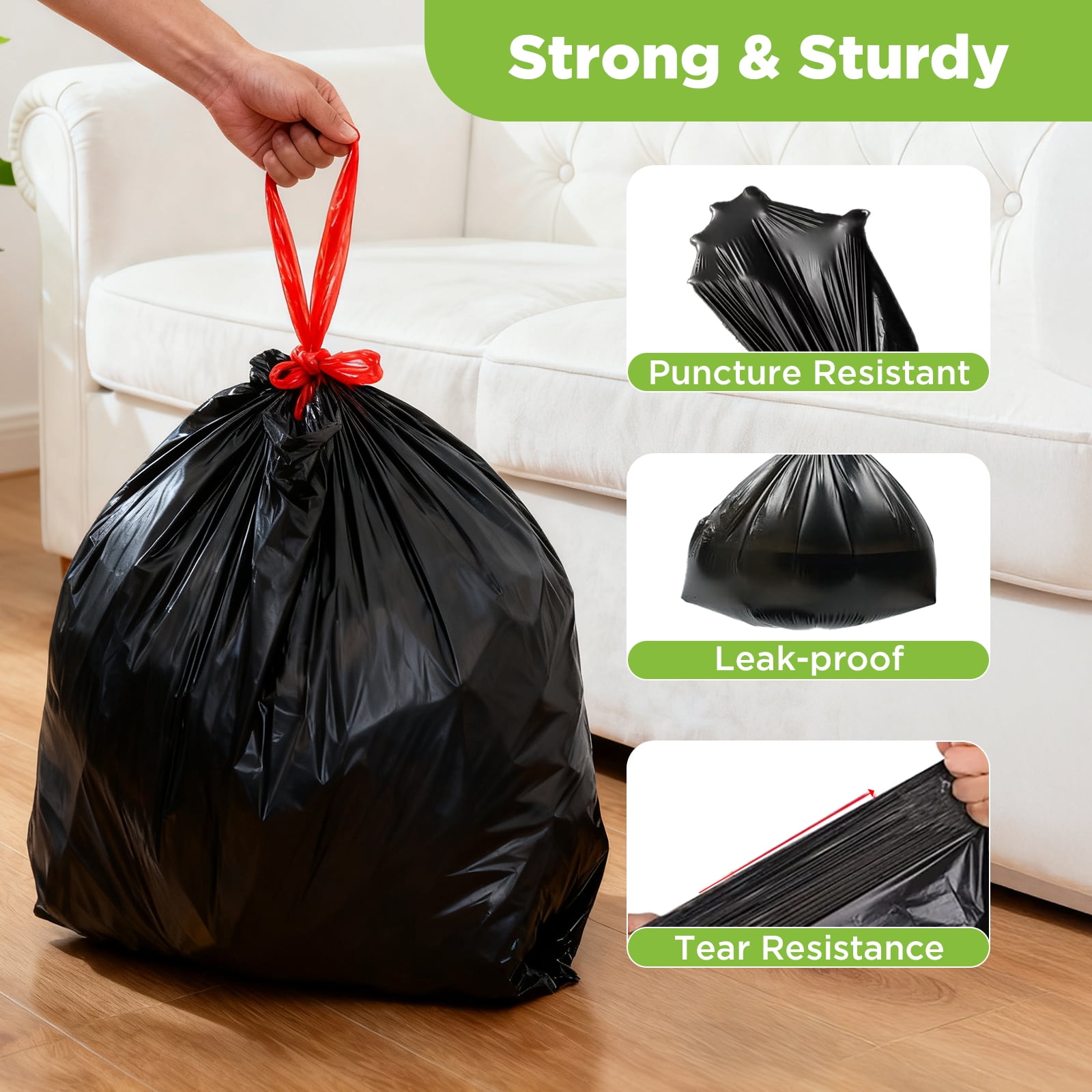 30-33 Gallon Trash Bags, Heavy Duty Drawstring Black Garbage Bags, 100 Count Unscented Can Liners for Kitchen & Outdoor Use