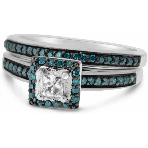 MyDiamondBox 1/2 Carat Total Weight (cttw) 10K Diamond Bridal Ring with Halo of Blue Diamonds Rings for Women (Ring Size: 5)