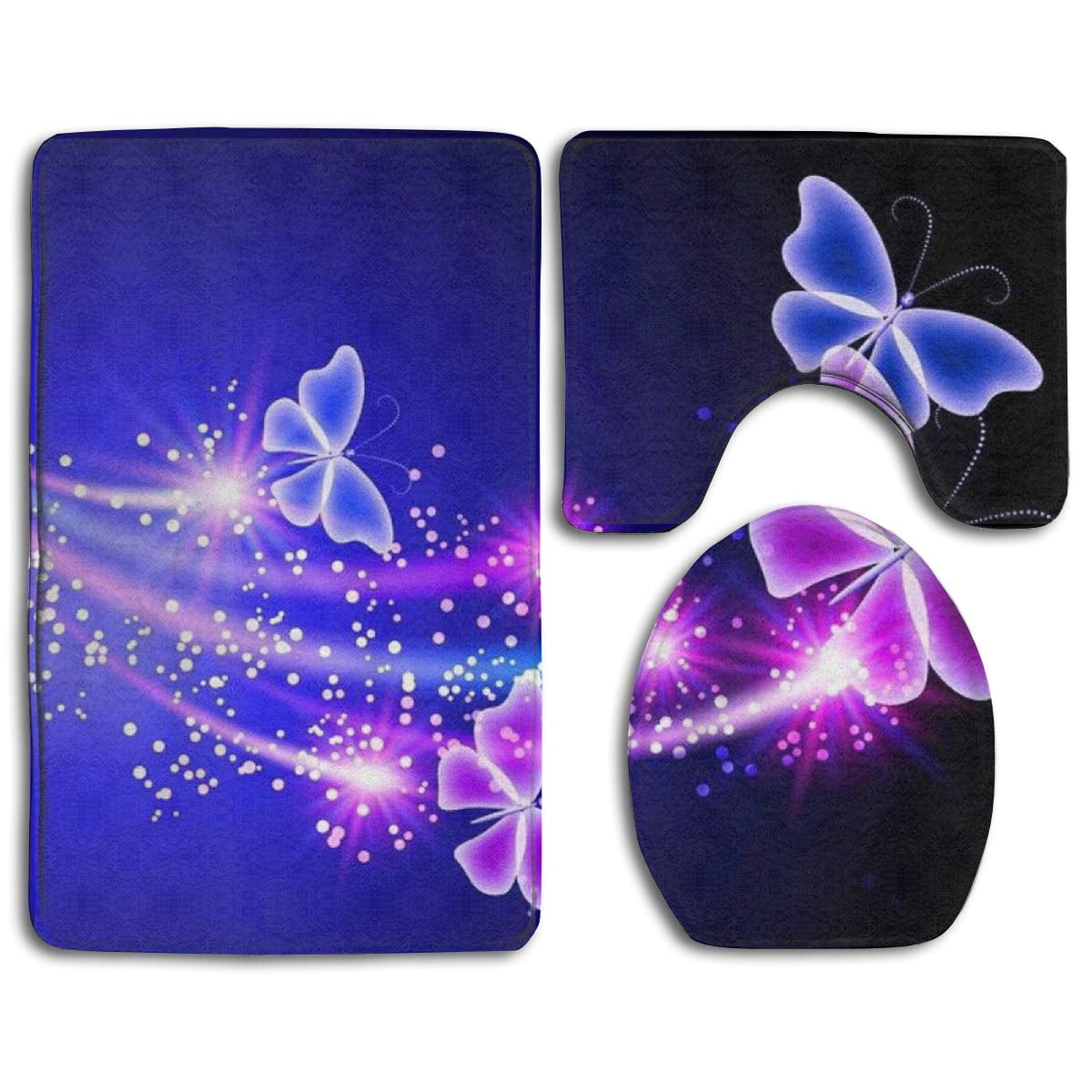 CHAPLLE Lovely Purple Butterfly 3 Piece Bathroom Rugs Set Bath Rug