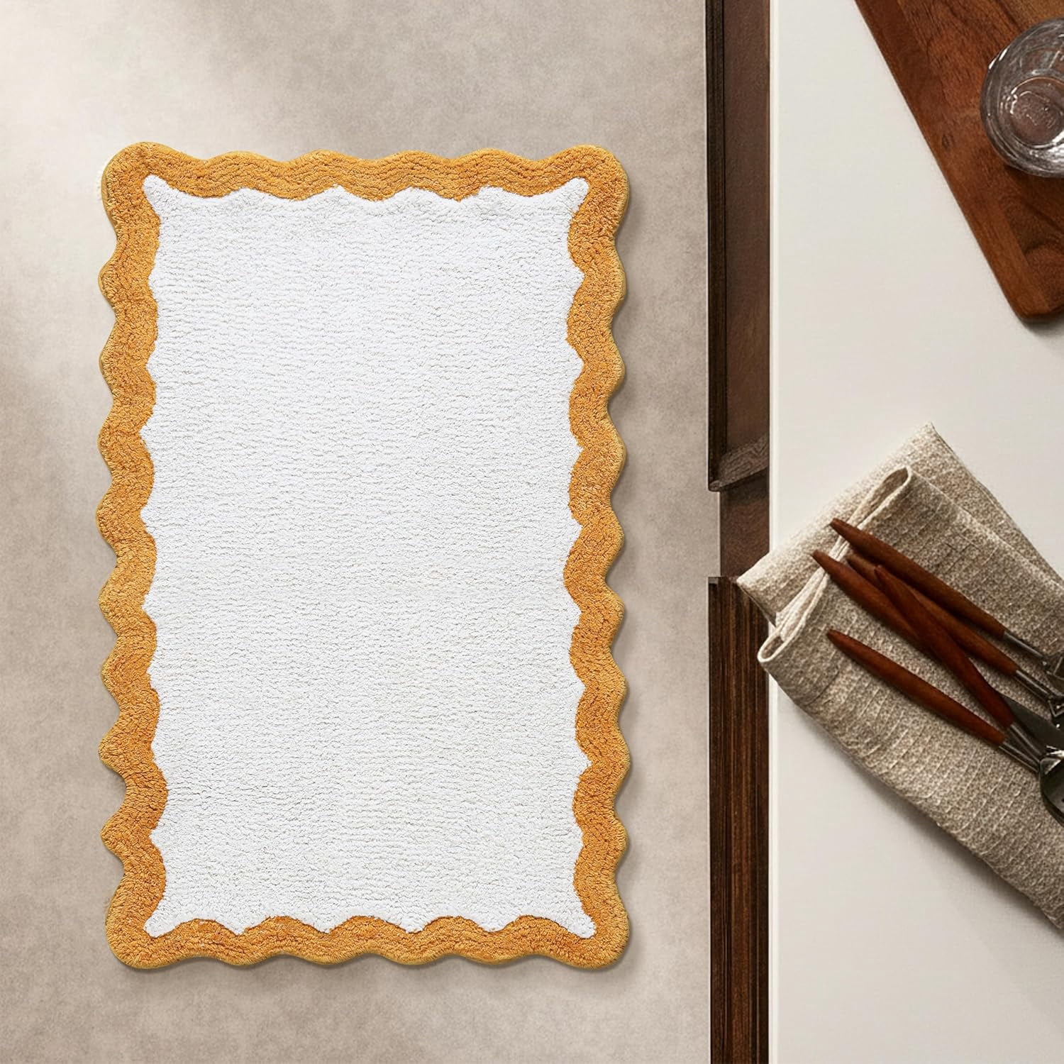 Savi Home 100% Cotton Scalloped Bath Mat with Anti-Skid Backing, Mustard, 20" x 32"