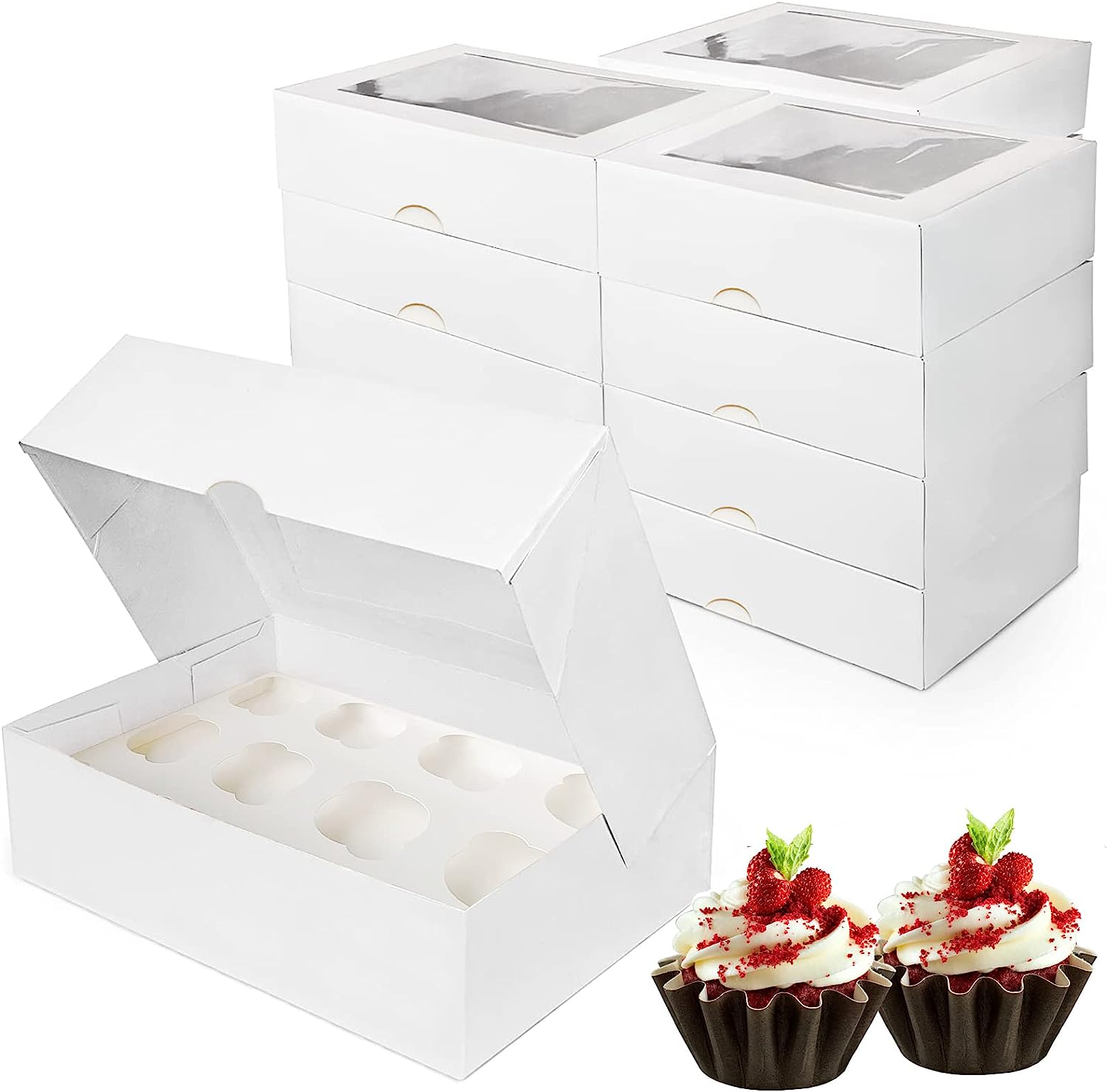 Kraft Cardboard Cupcake Boxes with Window, 12 Count, White (15 Packs