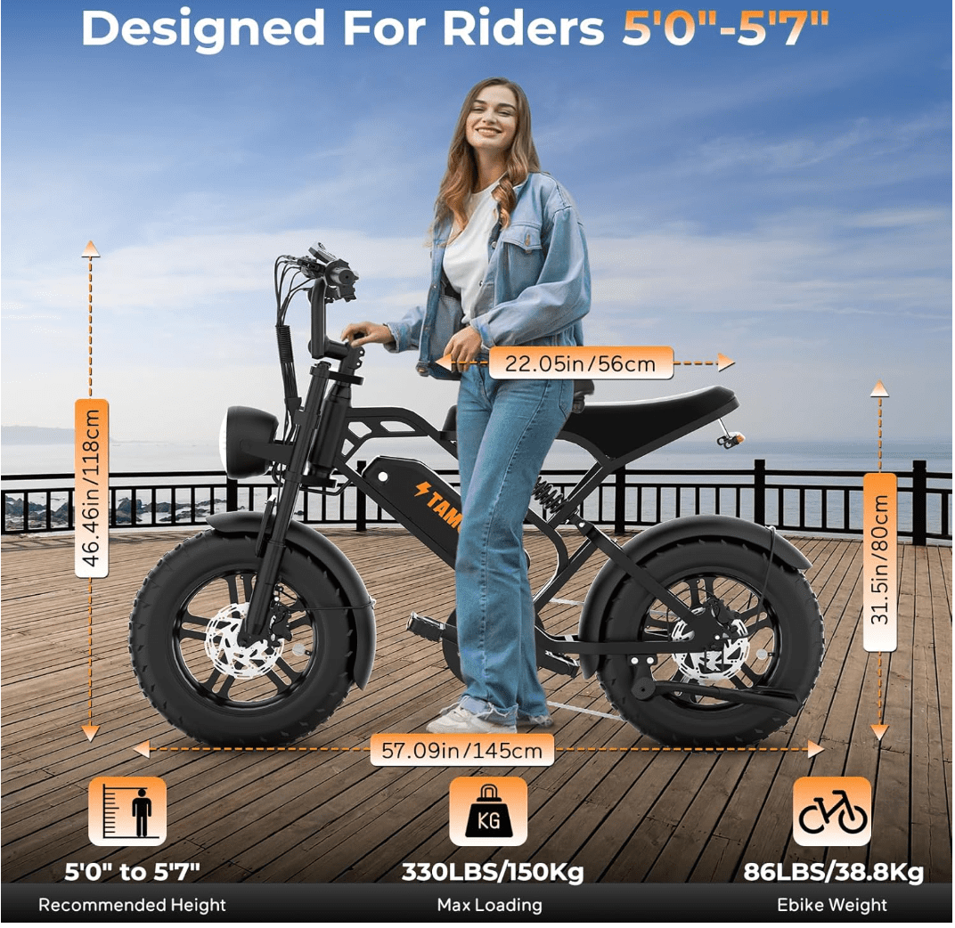 Tamobyke T16 Electric Bike for Adults,1000W 30mph 48V 15.6Ah Electric Bicycle,16" Fat Tire E-Mountain Bikes,Dual Hydraulic Brakes,Full Suspension,Fits Riders 5'0"-5'7",UL2849