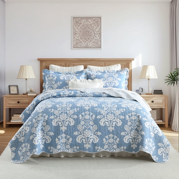 Quilt Queen Size - 100% Cotton Reversible Lightweight Bedspread Set, Pre-Washed Farmhouse Bedding with Damask Floral Pattern, All Season 3-Piece Coverlet (Blue and White)